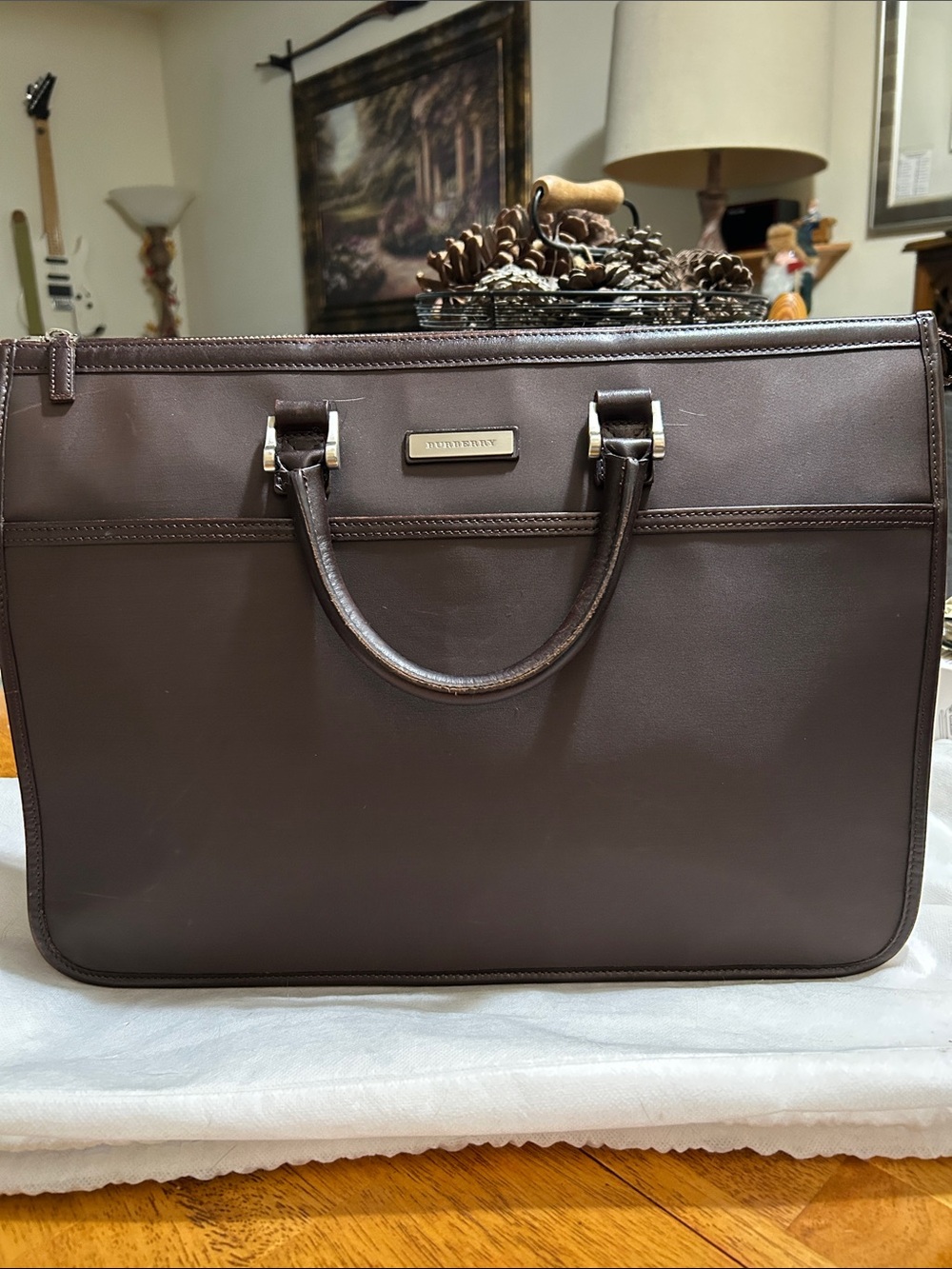 Burberry Dark Brown Leather Briefcase with Top Handles